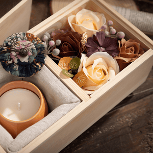 Forever Flowers with a Scented Candle in a wooden box